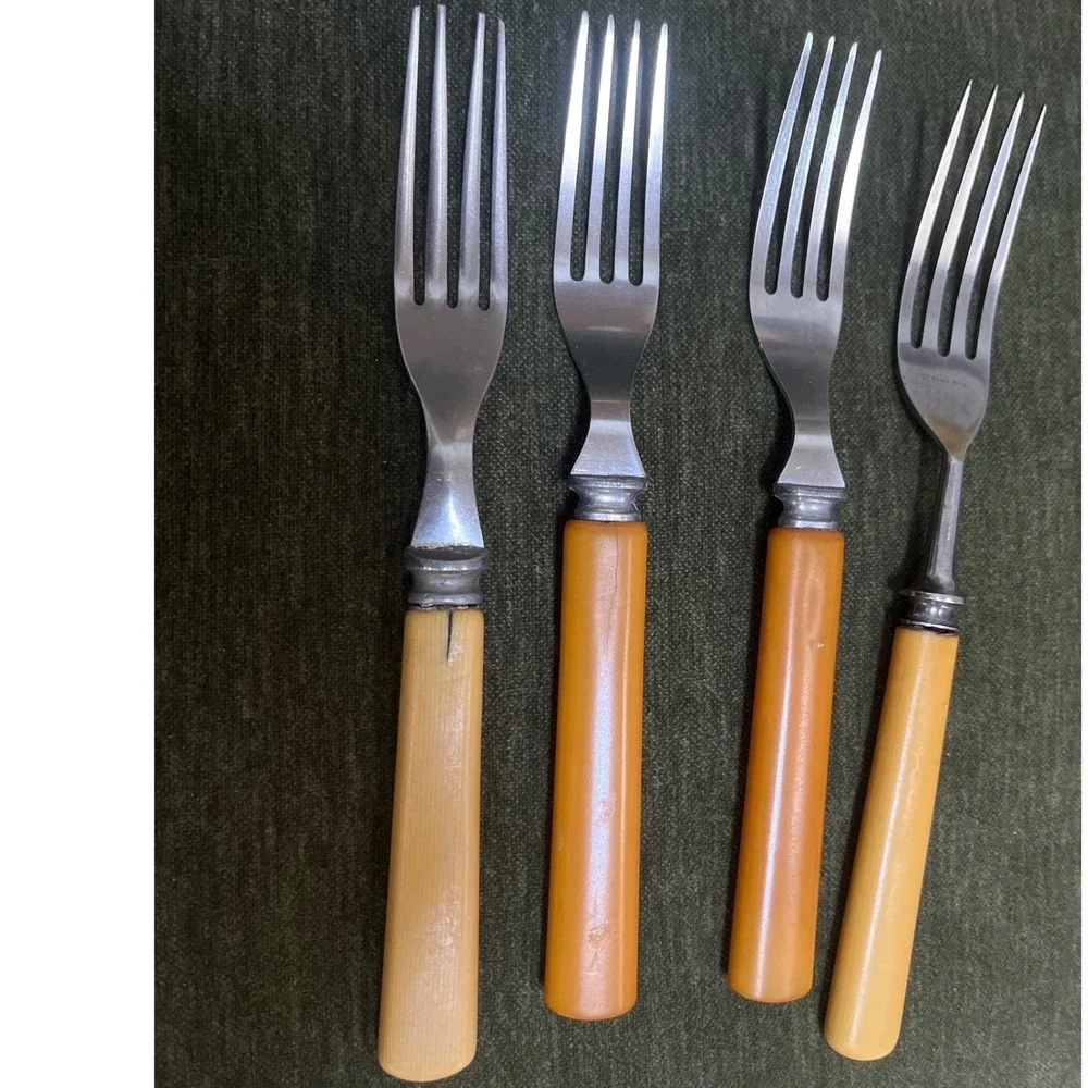 Vtg Mixed Lot Bakelite Flatware Butterscotch Yellow Cherry Red 15Pc MCM Art Deco